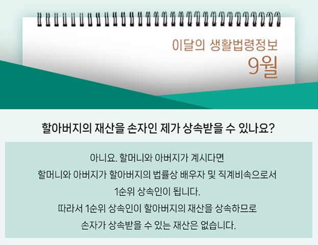 질문. 할아버지의 재산을 손자인 제가 상속받을 수 있나요? 답. 아니요. 할머니와 아버지가 계시다면 할머니와 아버지가 할아버지의 법률상 배우자 및 직계비속으로서 1순위 상속인이 됩니다. 따라서 1순위 상속인이 할아버지의 재산을 상속하므로 손자가 상속받을 수 있는 재산은 없습니다.