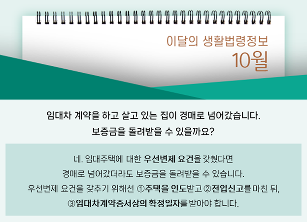 임재차 계약을 하고 살고 있는 집이 경매로 넘어갔습니다. 보증금을 돌려받을 수 있을까요? 네. 임대주택에 대한 우선변제 요건을 갖췄다면 경매로 넘어갔더라도 보증금을 돌려받을 수 있습니다. 우선변제 요건을 갖추기 위해선 1.주택을 인도받고, 2.전입신고를 마친 뒤, 3.임대차계약증서상의 확정일자를 받아야 합니다.