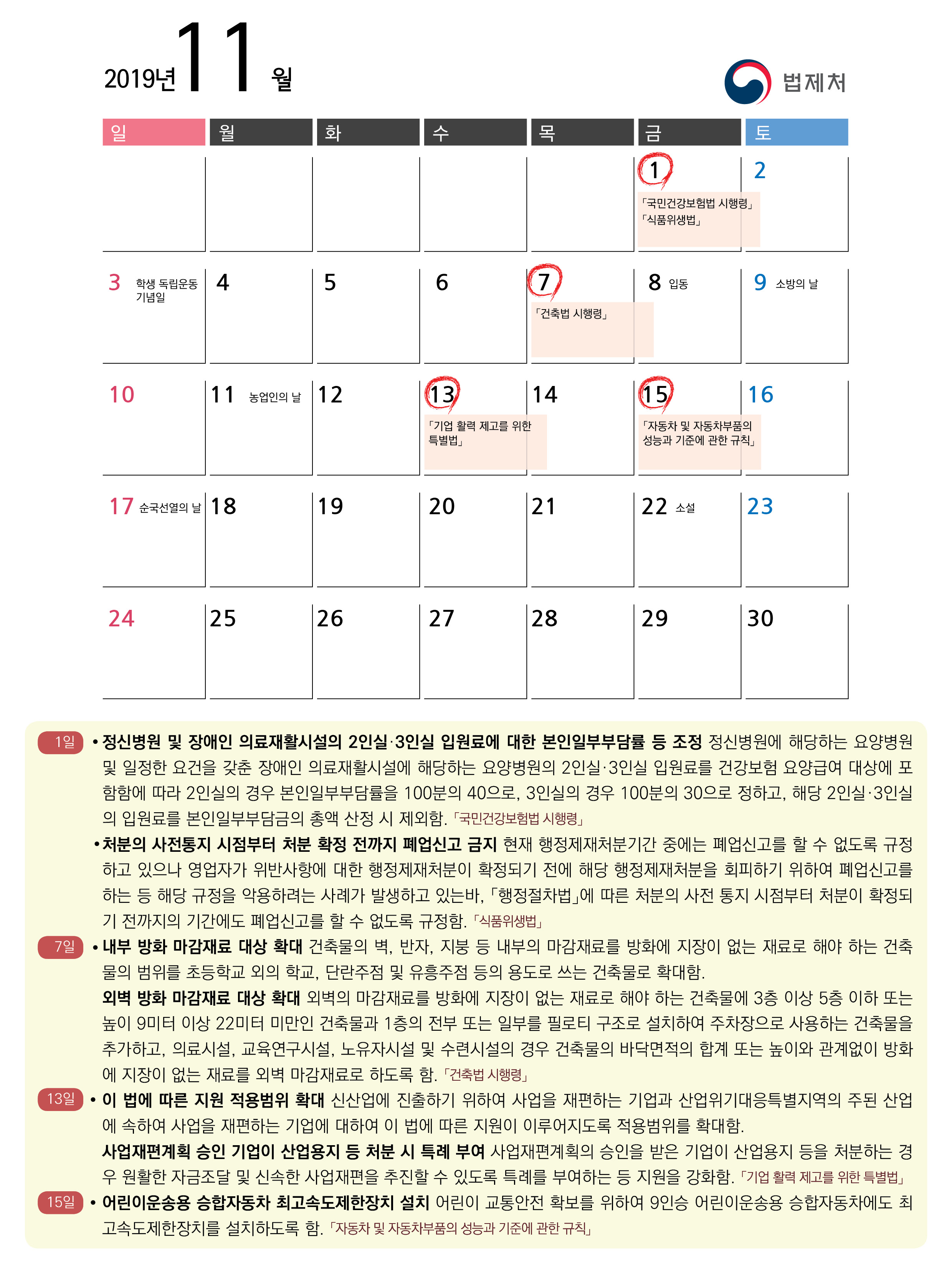 2019년 11월 주요 시행법령