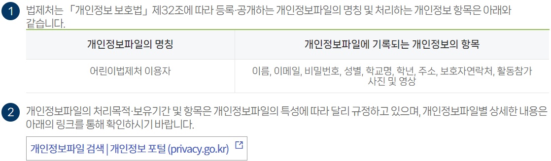 개인정보파일 등록 현황 및 처리하는 개인정보 항목 변경 전