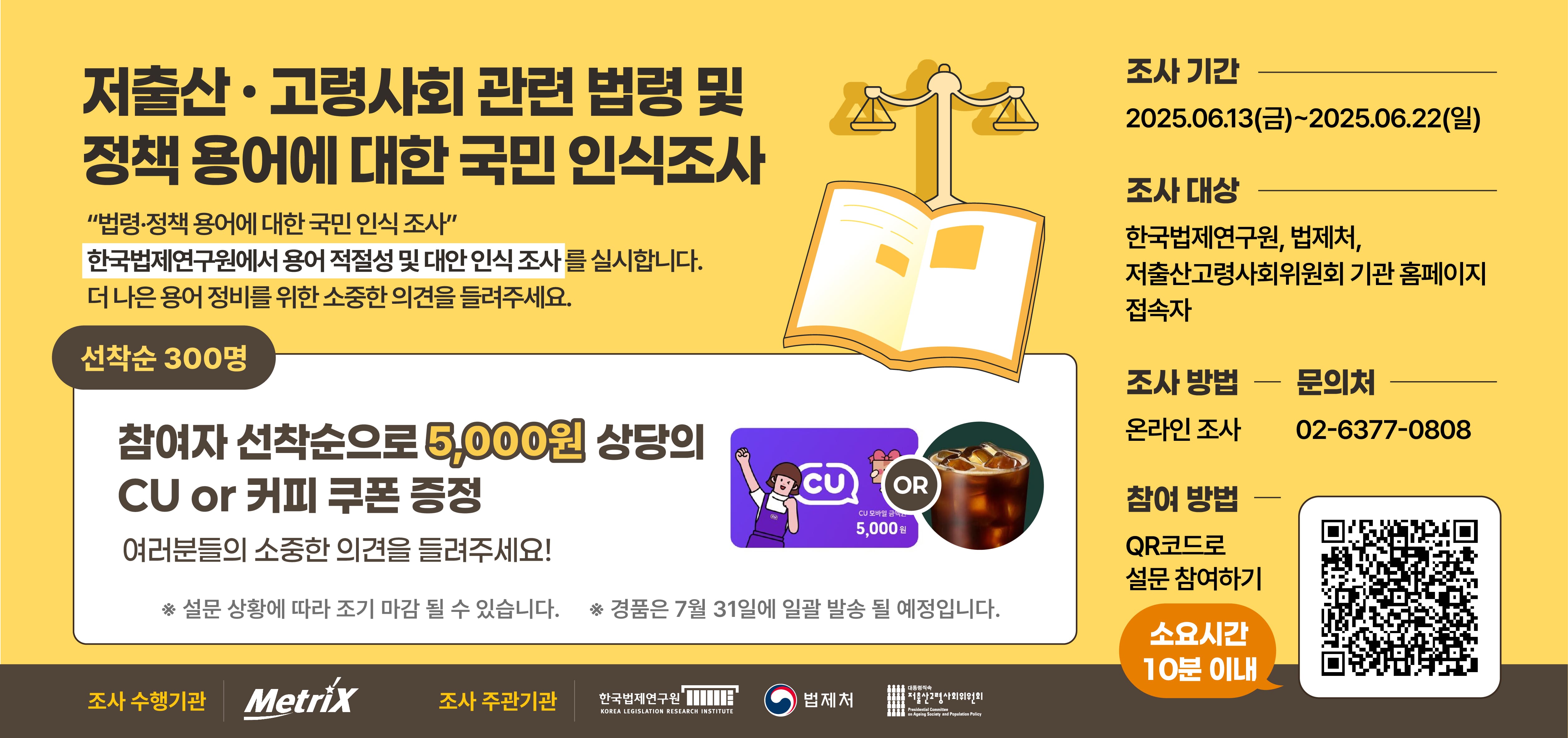 저출산ㆍ고령사회 관련 법령 및 정책 용어에 대한 국민 인식조사 "법령ㆍ정책 용어에 대한 국민 인식 조사" 한국법제연구원에서 용어 적절성 및 대안 인식 조사를 실시합니다. 더 나은 용어 정비를 위한 소중한 의견을 들려주세요. 조사 기간 2025.06.13(금)~2025.06.22(일) 조사 대상 한국법제연구원, 법제처, 저출산고령사회위원회 기관 홈페이지 접속자. 조사방법 온라인 조사. 문의처 02-6377-0808